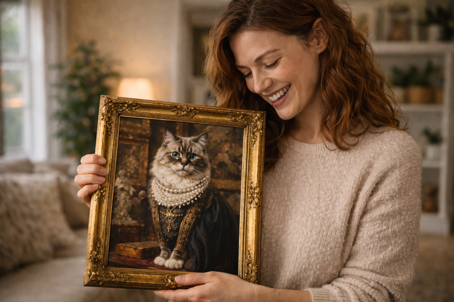 Pet parent holding a framed portrait